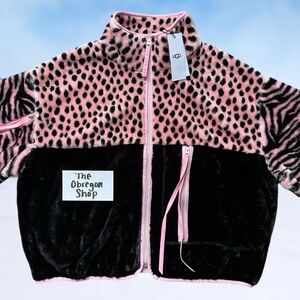 UGG MARLENE SHERPA ANIMALIA WOMENS FULL ZIP JACKET SIZE MEDIUM PINK BLACK NEW